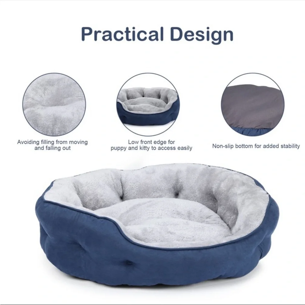 PureWags Navy & Gray 20 Inch Round Washable Cat Bed with Non-Slip Base